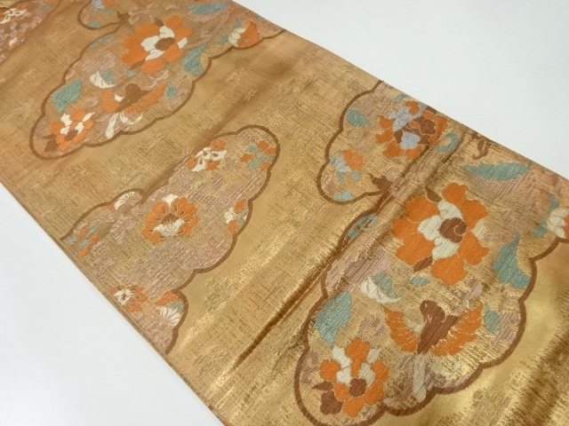 リサイクル　雲に花鳥唐草模様織出し袋帯